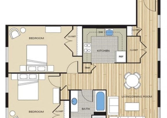 2 Bed1 Bath 910sf Floor Plan at Clayborne Apartments, Alexandria, VA