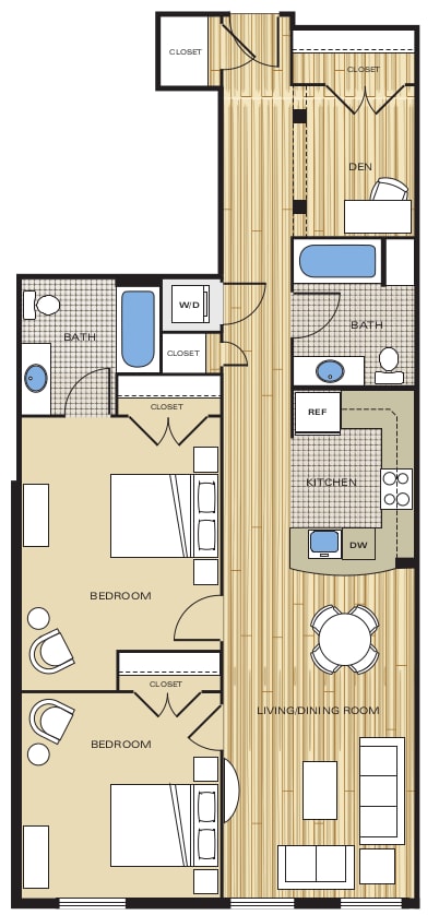 2 Bed2 Bath Den 1025sf Floor Plan at Clayborne Apartments, Alexandria