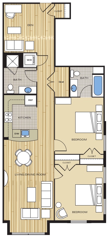 2 Bed2 Bath Den 1060sf Floor Plan at Clayborne Apartments, Virginia