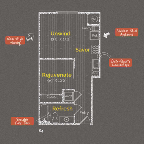 Studio 1 bathroom floor plan B at The Maxwell Apartments, Arlington