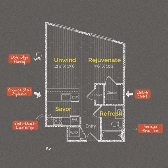 Floor Plan  Studio 1 bathroom floor plan at The Maxwell Apartments, Arlington