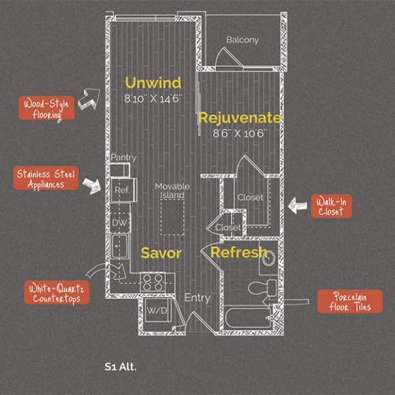 Floor Plan  Studio 1 bathroom floor plan C at The Maxwell Apartments, Arlington, VA, 22203