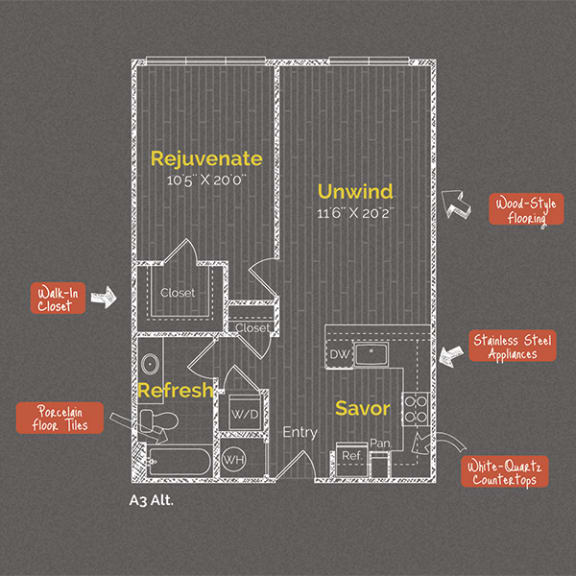 1 bedroom 1 bathroom Floor plan E at The Maxwell Apartments, Arlington, Virginia