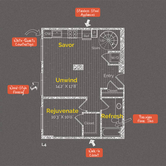 1 bedroom 1 bathroom Floor plan J at The Maxwell Apartments, Arlington, VA, 22203