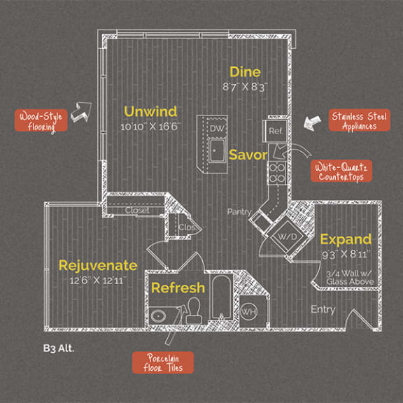 1 bedroom 1 bathroom Floor plan H at The Maxwell Apartments, Arlington, 22203