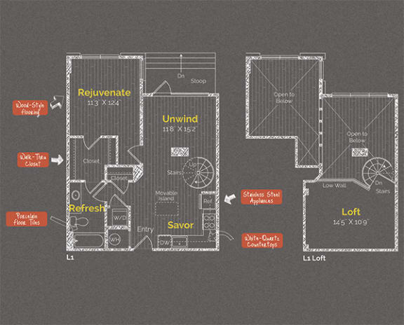 1 bedroom 1 bathroom Floor plan M at The Maxwell Apartments, Arlington, Virginia