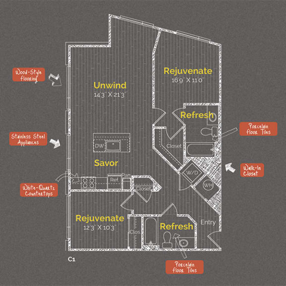 2 bedroom 2 bathroom Floor plan B at The Maxwell Apartments, Arlington, VA