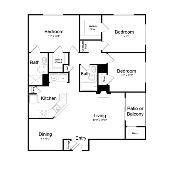 3 Bed | 2 Bath - C2A Floor Plan at Elme Dulles, Herndon, VA, 20171