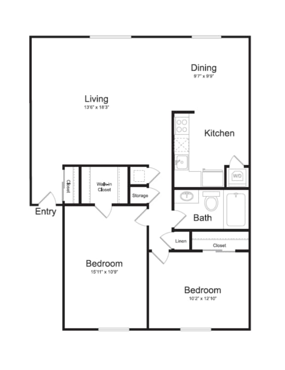 2 bedroom apartment floorplan at Watkins Mill.