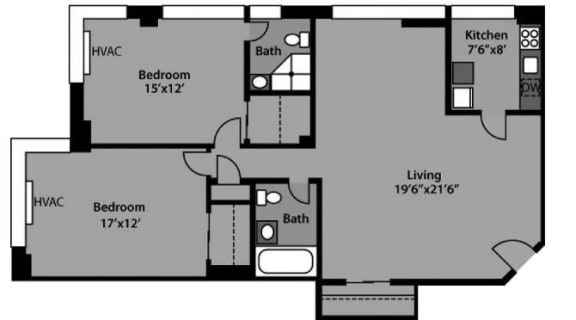 2 Bed / 2 Bath - B2B Floor Plan at The Kenmore, Washington