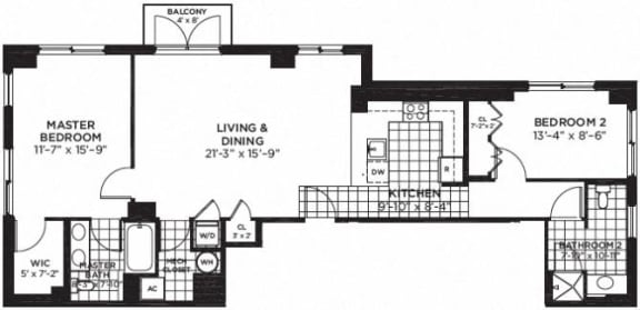 2 bedroom 2 bathroom Floor plan H at Yale West, Washington, DC
