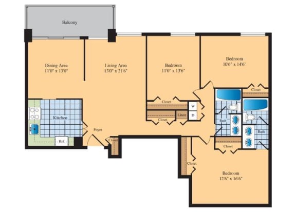a floor plan of a home with two bedrooms and two bathrooms at The Ashby at McLean, McLean, VA