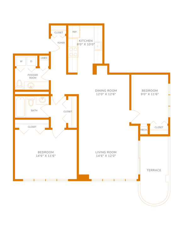 Floor Plan  1040 Sq. Ft. Unit - 2 Bedroom 2.15 Bath Floor Plan at The Paramount, Arlington, 22202