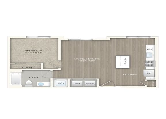 Floor Plan  1 bed 1 bath floor plan A at Trove Apartments, Arlington, Virginia