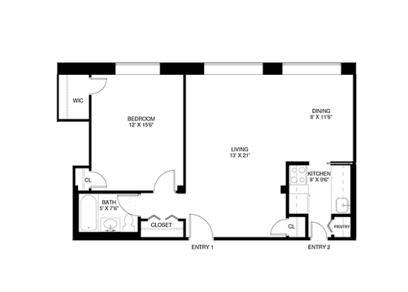 1 bedroom 1 bathroom Floor plan D at Wellington Apartments, Arlington, Virginia