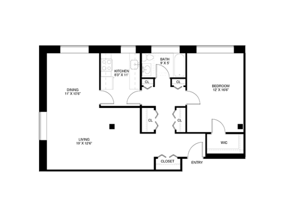 1 bedroom 1 bathroom Floor plan E at Wellington Apartments, Arlington