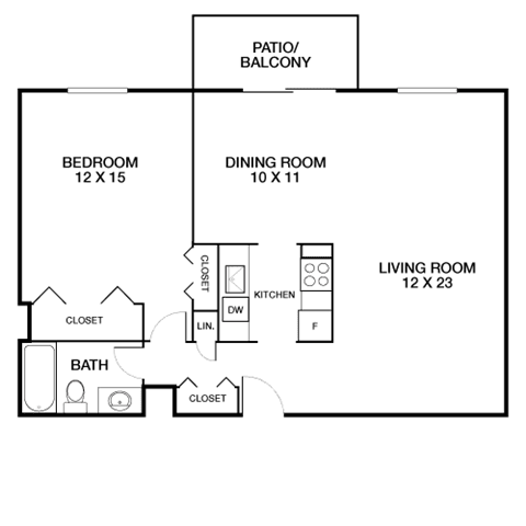 1 bed 1bath floor plan at Riverside Apartments, Virginia