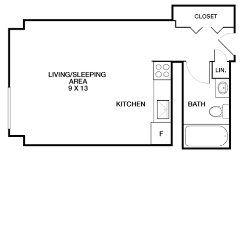 Studio 1 bath floor plan at Riverside Apartments, Virginia, 22303