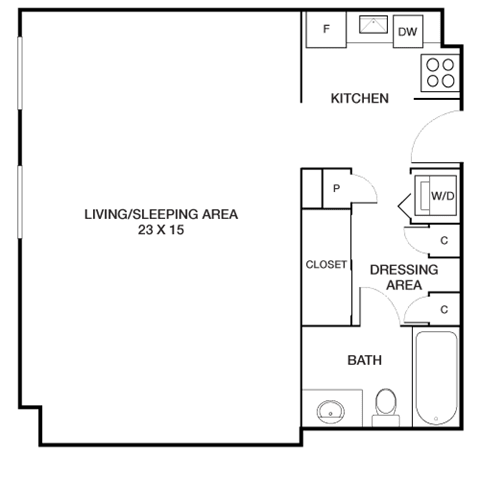 Studio 1 bath floor plan D at Riverside Apartments, Alexandria, Virginia