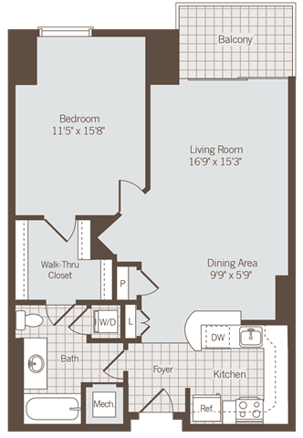 1 bedroom 1 bath floor plan G 1 bedroom 1 bath floor plan G at Bennett Park Apartments, Arlington, VA