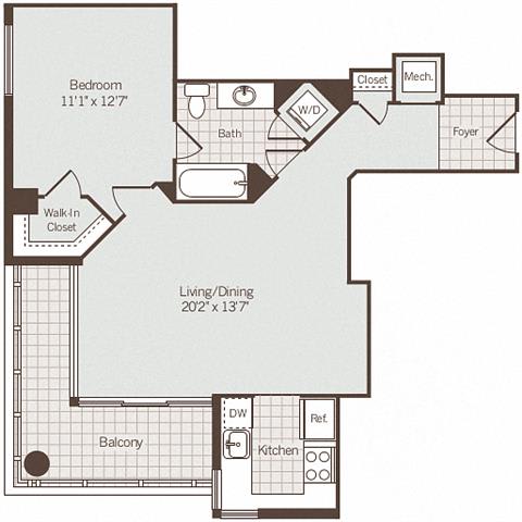 1 bedroom 1 bath floor plan H 1 bedroom 1 bath floor plan Hat Bennett Park Apartments, Arlington, 22209