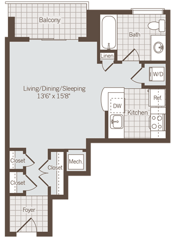 Studio 1 bath floor plan D Studio 1 bath floor plan D at Bennett Park Apartments, Arlington, 22209