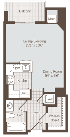Studio 1 bath floor plan Studio 1 bath floor plan at Bennett Park Apartments, Arlington, Virginia
