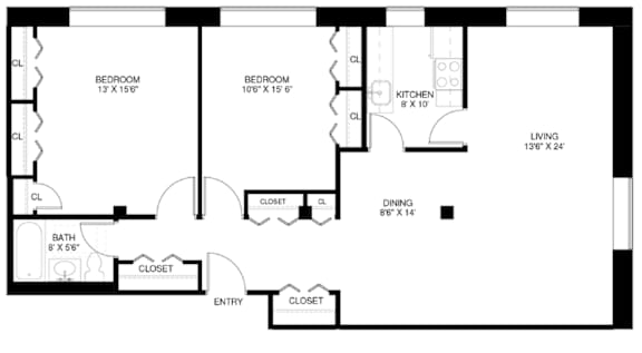 A black and white floor plan of a house with two bedrooms, a bathroom, a kitchen, a dining area, and an entry.
