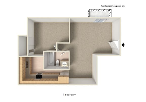 A 3D ink drawing of a bedroom with a bed, desk, chair, and wardrobe.