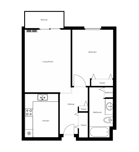 A floor plan of a house with a living room, kitchen, bathroom, and bedroom.
