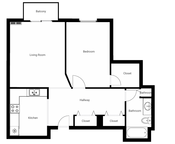 A floor plan of a house with a living room, bedroom, kitchen, and bathrooms.