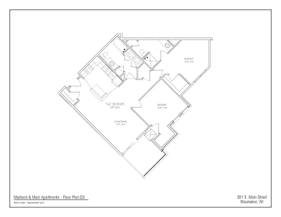 A black and white image of a floor plan for Madison & Main Apartments.