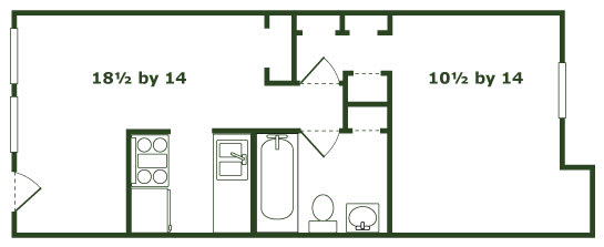 A floor plan of a room with dimensions 18 1/2 by 14 and 10 1/2 by 14.