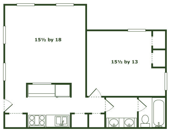 A floor plan of a room with dimensions 15 1/2 by 18 and 15 1/2 by 13.