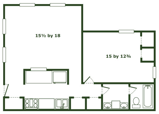 A floor plan of a room with dimensions 15 1/2 by 18 and 15 by 12 3/4.