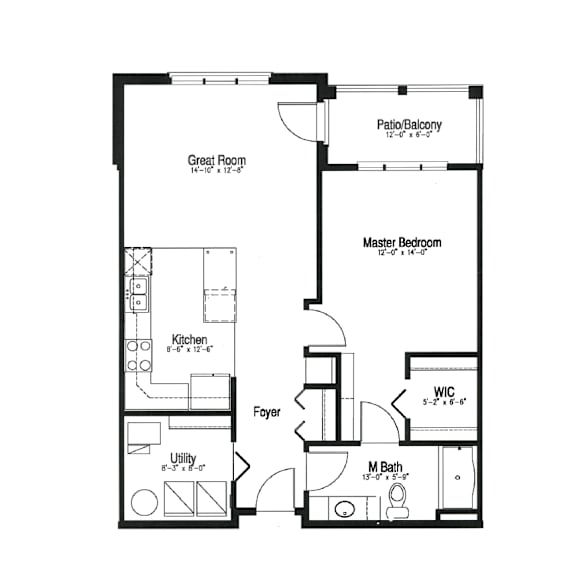 Floor Plan  A floor plan of a house with a Master Bedroom, Kitchen, Great Room, Patio/Balcony, Foyer, and Bathroom.