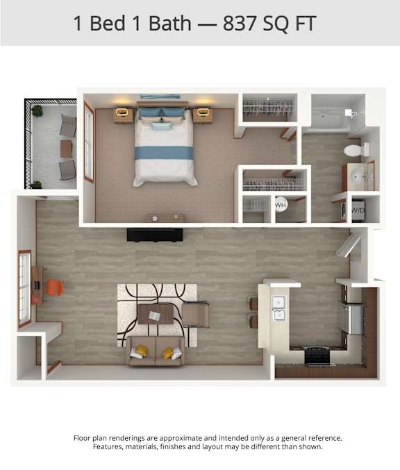 A floor plan of a 1 Bed 1 Bath apartment is 837 square feet.
