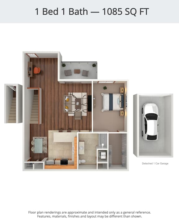 A floor plan of a 1 Bed 1 Bath apartment is shown.