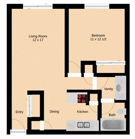 A floor plan of a small apartment with a living room, dining area, kitchen, bathroom, and two bedrooms.
