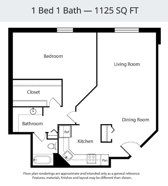 A floor plan of a 1 Bed 1 Bath apartment sized at 1125 square feet.