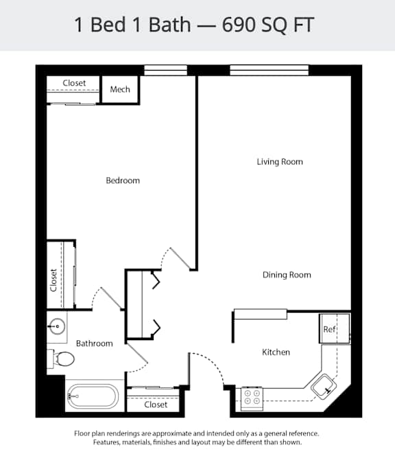 A floor plan of a 1 Bed 1 Bath apartment sized at 690 square feet.