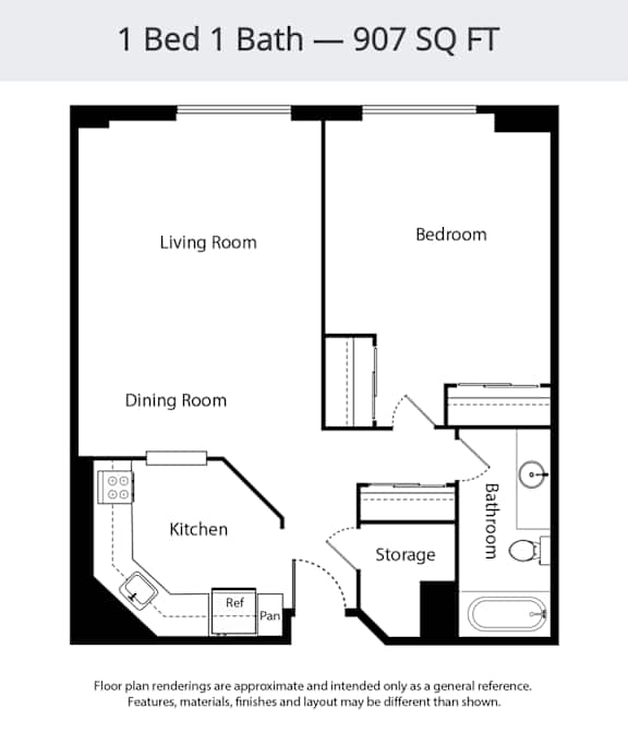 Floor Plan  A floor plan of a 1 bedroom, 1 bathroom apartment that is 907 square feet.