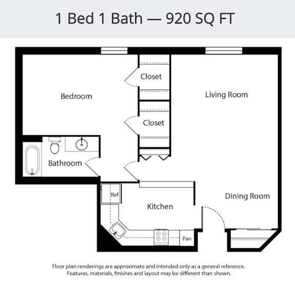 A floor plan for a 1 Bed 1 Bath - 920 SQ FT apartment.