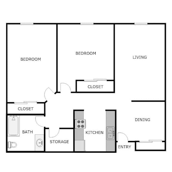 A floor plan of a house with three bedrooms, a living room, a dining room, a kitchen, a bathroom, and storage.