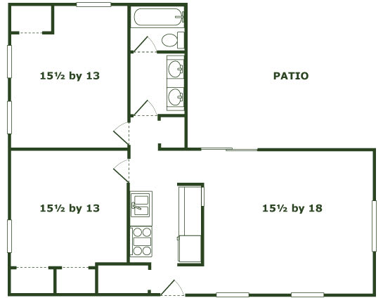 A floor plan of a house with a patio and three bedrooms.