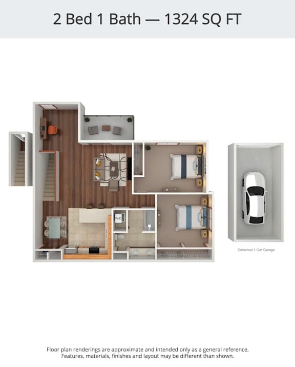 A floor plan of a 2 Bed 1 Bath apartment is 1324 square feet.