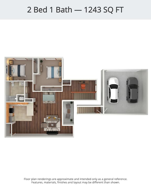 A floor plan for a 2 Bed 1 Bath apartment is 1243 square feet.