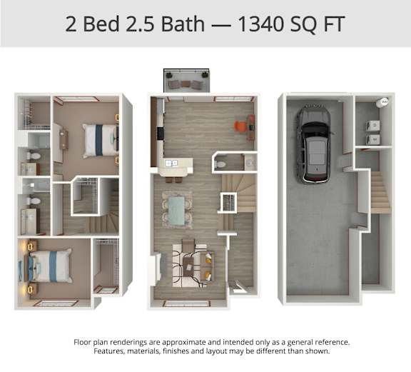 A 2 Bedroom 2.5 Bathroom apartment is 1340 square feet.