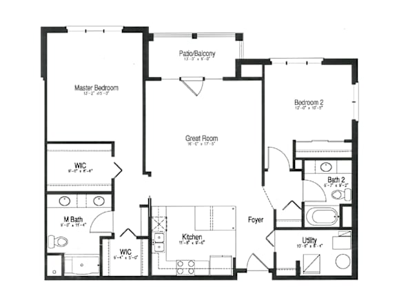 A floor plan of a house with a master bedroom, a great room, a foyer, and a kitchen.