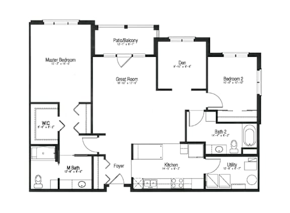 A floor plan of a house with a master bedroom, two bathrooms, a pantry, a great room, a den, a foyer, a kitchen, and a utility space.